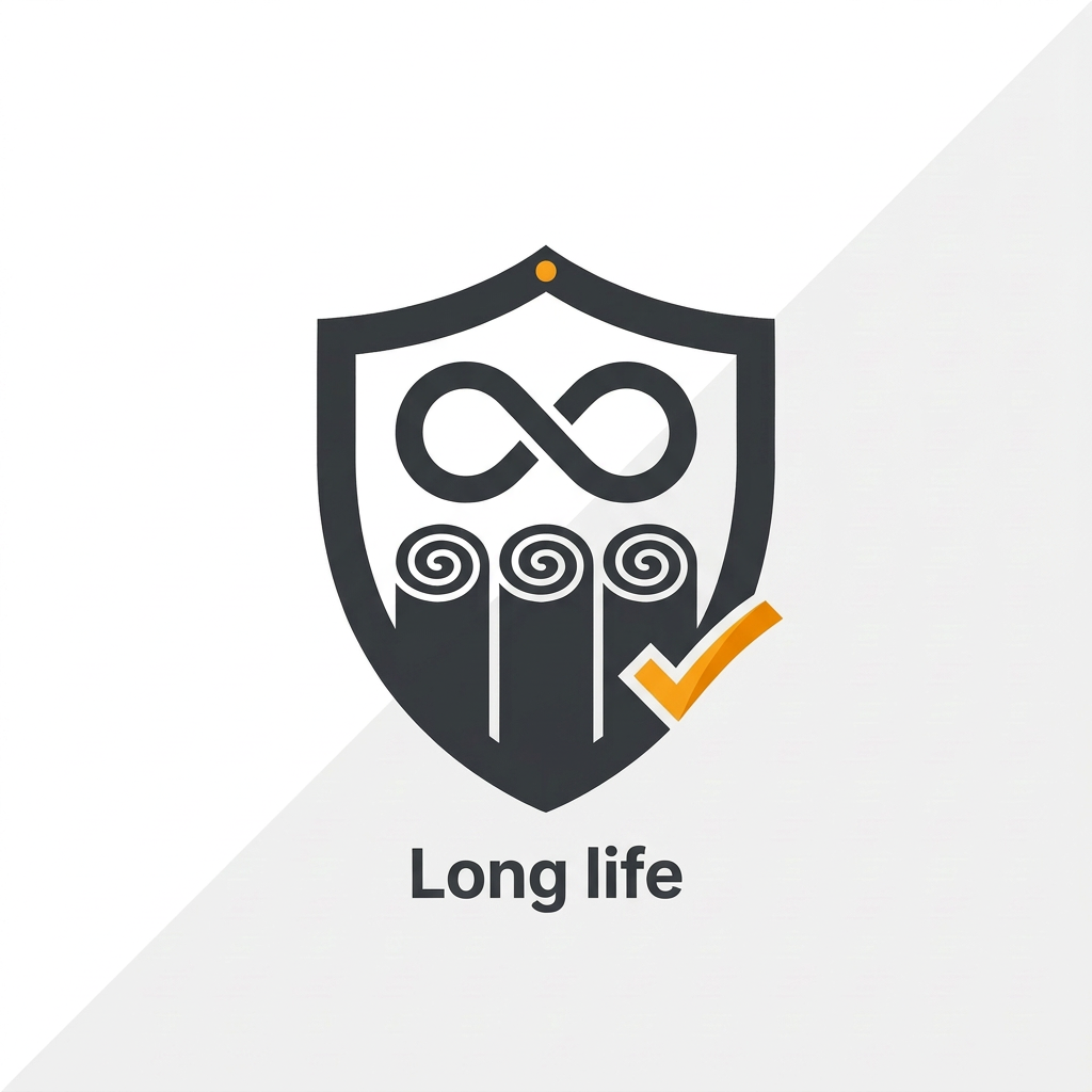 Durability icon - shield with infinity symbol and insulation rolls showing long-lasting quality