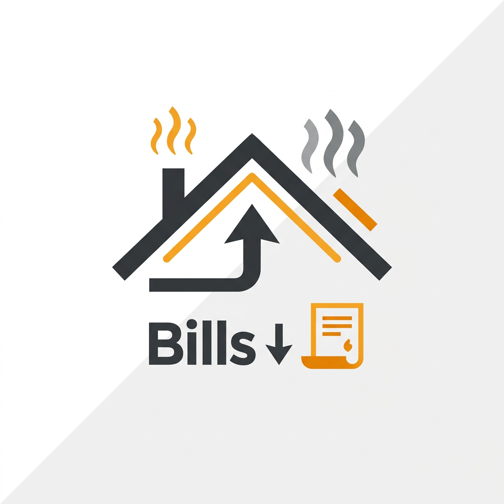 Energy saving icon - house roof with heat escaping and energy bills with downward arrow showing reduced costs