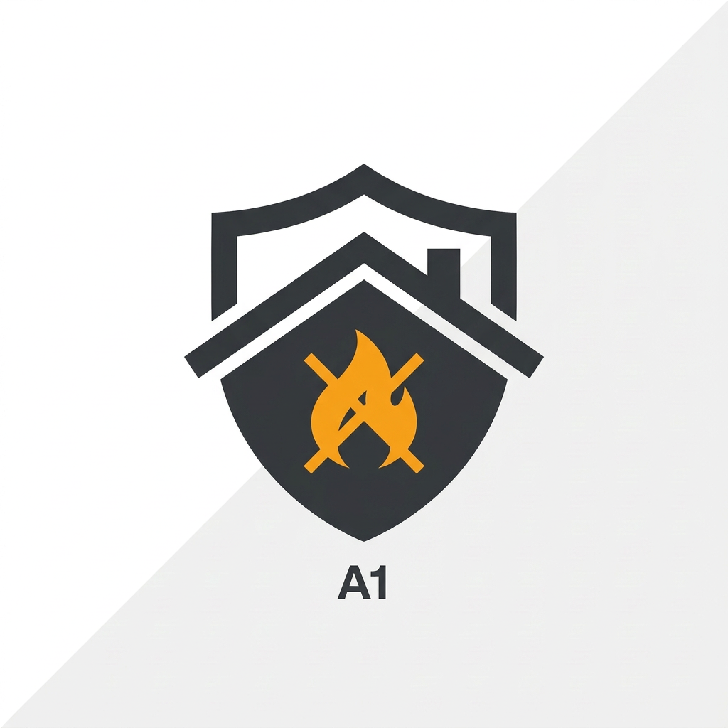 Fire safety icon - A1 rated non-combustible loft insulation with shield and flame protection symbol